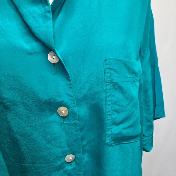 Vintage 80's Casual Corner 100% Silk Teal Button Up Short Sleeve blouse Womens M - Picture 7 of 16